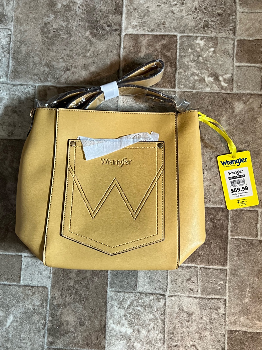 NWT 2-piece Wrangler Yellow Faux Leather Crossbody Bucket Bag with Front Pocket